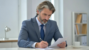 business consultant lawyer reading a contract, signing papers