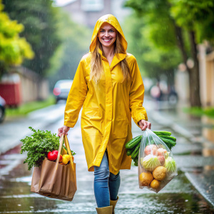 lady walk with groceries in rainwear