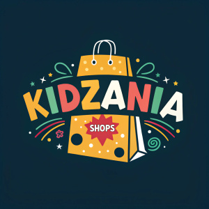 Contemporary logo design for KidZania Shops featuring a vibrant shopping bag illustration. The logo incorporates the brand name in a playful font with a mix of colors and shapes. Dark background, vector graphic, clean lines