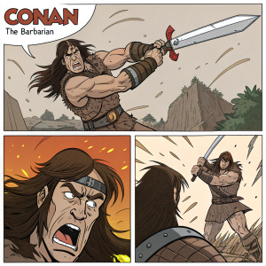 Comic strip featuring Conan the Barbarian. Each panel depicts intense action scenes with speech bubbles.