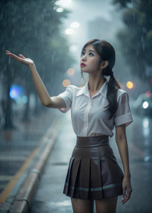 
Thai style gilr Body  38-24-36 Stand,slightly open prominent nose, beautiful eyes, brown eyes, thin lips.turn Look up,
Raise head and look at the rain. Raise right hand to catch the rainwater.sideways 
Wear a university uniform, back short skirt, tight-fitting dress. 
Rain-soaked shirt 
evening time 