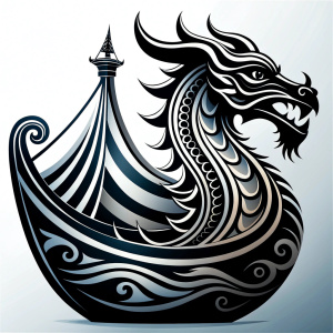 Nordic viking Longboat  Dragonboat high-definition design grey and black, realistic tattoo design, white background