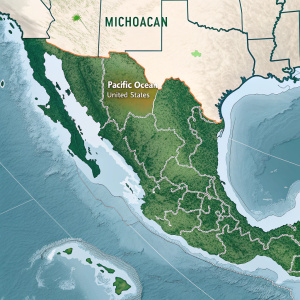 Interactive map highlighting Michoacán state in Mexico. Distinct green color for Michoacán. Labels for Pacific Ocean and United States borders. Detailed geographical representation