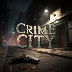 Dark alley scene with dramatic font reading 'Crime City'. Gun visible, broadcasting network logo on storefront. Film noir style.