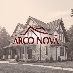 The logo for Arco Nova showcases a house intertwined with bold, fiery text and softer, understated details, highlighting the company's expertise in building and design.