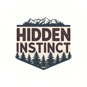 Logo for 'Hidden Instinct', dark and gritty aesthetic. Simple, bold font with a rustic, aged texture. White background, text-centric design.