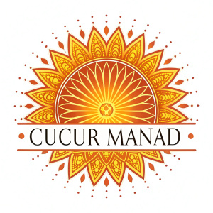 Logo design for Cucur Manad. A vibrant sunburst pattern in shades of orange and yellow with sleek, modern typography for the company name and contact information.