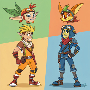 Fan art featuring diverse renditions of Jak and Daxter. Illustration includes various outfits and poses, vibrant color palette.