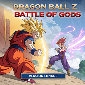 Cover art for Dragon Ball Z: Battle of Gods Blu-ray. Intense action scene featuring iconic characters in battle poses. Vibrant color palette of warm and cool tones. Prominent display of titles 'Dragon Ball Z', 'Battle of Gods', and 'Version Longue'.
