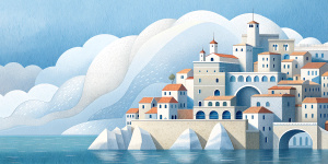 White illustration, Rafał Olbiński style, isolated surrealistic collage of a lot of historical italian houses and briges on seaside, huge ocean and sky, white, light pastel colors, zoom out view, grainy texturing paper