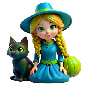 witch, blonde hair, braided plait, green dress, blue eyes, black cat sitting next to her