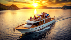 Group of friends having fun in luxury yach boat. Young men and women enjoy travel, vacation, travel on boat yacht sailing in sea, ocean at sunset on summe