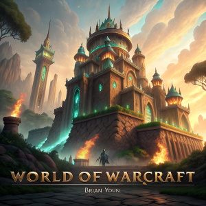 Concept art for World of Warcraft: Enormous fortress with ancient and advanced architecture. Dominated by brown, gold, green, and blue hues. Flames and glowing effects add drama. World of Warcraft logo and artist Brian Youn's name visible.