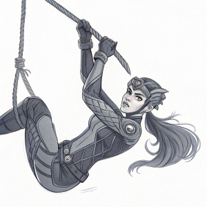 Pencil sketch focusing on the dynamic pose of Widowmaker from Overwatch. Hanging upside down, holding rope. Her suit and face are the main focus. Clean, simple background.