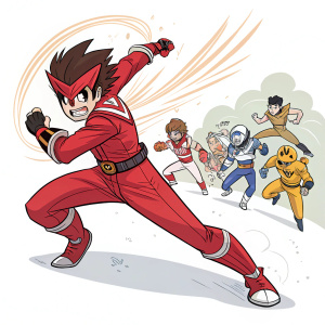 High-energy illustration. Main protagonist in mid-fight stance, clad in striking red attire. Diverse ensemble of characters around, each in distinctive action poses. Emphasis on main character's fierce expression and dynamic posture. Background teems with movement, hinting at an animated series universe.