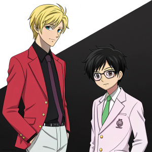 Digital art showcasing Ouran High School Host Club characters. Tamaki Suoh, blond, in red jacket and black shirt, standing confidently. Hikaru Hitachiin, black hair, glasses, white suit, green necktie, beside him. Haruhi Fujioka, dressed as a doll, pink-tinted glasses, small figure at the bottom. Background is minimalist, solid black.