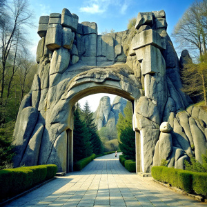 A park entrance made of cliff rocks with relief on it