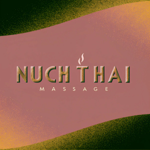 A sleek, modern logo design. Nuch Thai Massage in flowing gold script with a stylized flame. Luxurious black background.