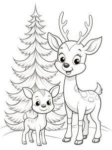 coloring page for kids, mom deer character, baby deer character, standing beside a tall pine trees, white background, black line art, no color, no shading