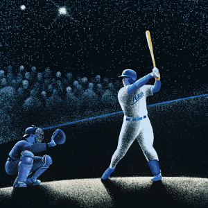 Dodgers player, Kyle Schwarber, in batting stance. Pitcher's mound and catcher in sharp focus. Crowd blurred in background.