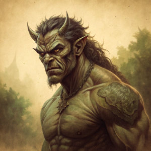 A muscular demon with a menacing expression. Rough demonic appearance, prominent angry face. Sepia-toned, aged paper-like texture. Brown and green colors.