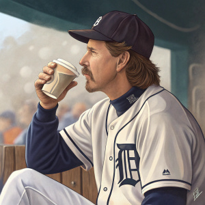 Jack Morris, pitcher for Detroit Tigers, in a casual setting, drinking coffee. No mention of the game, ball, or crowd