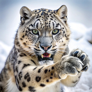 Agressive Snow leopard  punch with only one paw fist front view