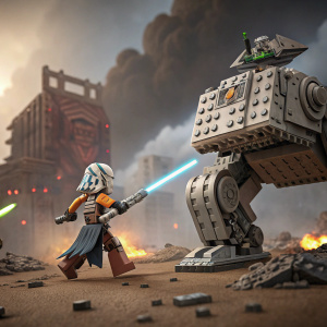 LEGO set featuring Ahsoka Tano and battle droid alongside massive armored tank. Star Wars box art showcasing dramatic battle scene.