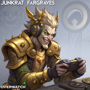 Concept art for a Overwatch character, Jamison "Junkrat" Fairgraves. Rendered with gold and ornate armor. Playing video games. Gray background with discreet Overwatch logo