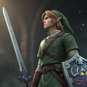 A hyper-realistic 3D rendering of Link from The Legend of Zelda, the iconic hero standing tall with a serious expression. Wearing a green tunic and holding his iconic Master Sword. Dark, shadowy background with subtle glowing effects