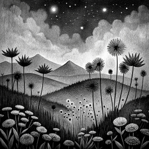 black and white minimalistic album cover art, gloomy lush and intertwined abstract meadow flowers