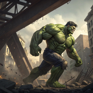 Hulk, Marvel's green giant, smashes through a steel structure. Digital art highlights his powerful form, detailed muscles, and fierce expression. Background: urban wasteland