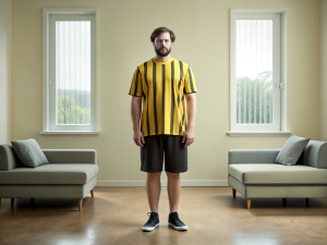 full body shot, european soccer player with yellow t-shirt with dark black vertical stripes, sad, on living room, neutral color correction, Nikon Z9