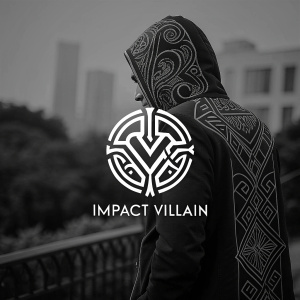 Digital illustration of the 'Impact Villain' clothing brand logo. Abstract, intricate pattern in black and white color scheme, evoking a sense of mystery and sophistication.