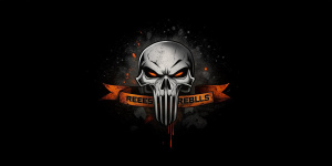 Punisher mask, black, white and orange colors, 2d, banner for twitter,  add text "rebels" 