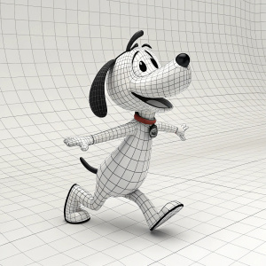 A 3D digital artwork featuring a canine-like character. Dynamic pose, wireframe design, black and white color scheme. Grid-pattern background with smooth wave-like texture.