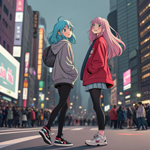 Nazuna and Michiru, characters from BNA, standing in a bustling city scene. Nazuna in a gray sweater, black tights, sneakers, long pink hair. Michiru in a red jacket, short blue hair. They are amidst a crowd of people in a vibrant urban setting.