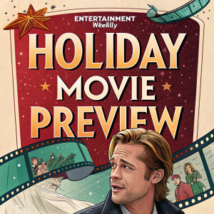 Colorful Entertainment Weekly magazine cover featuring Brad Pitt and various film scenes. Holiday movie preview headline.