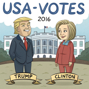 Political cartoon featuring Donald Trump and Hillary Clinton during the 2016 election. They are standing in front of the White House. Text 'USA-VOTES 2016' labels 'TRUMP' and 'CLINTON'