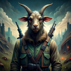 goat survivor of a zombie apocalypse with weapons