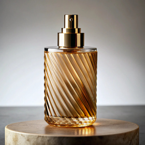 frasco de perfume, minimalista y elegante basado en el arte. El cristal será estriado muy grueso en oblicuo de forma vanguardista. Su forma será cilindrica. Su tapon sera de piedra multiforma. El perfume de color dorado. Sera alargado y sinuoso