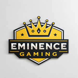 Logo for Eminence Gaming. Features yellow and black color palette. Graphic design includes crown and bold text 'Eminence Gaming'. Modern, sleek emblem style