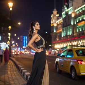 Nargis Fakhri, in elegant evening gown, standing on the vibrant streets of Mumbai, stylish and confident pose.