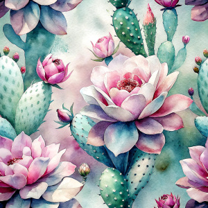 Pattern Seamless, Vector, Vintage Old Soft Colors, Shade Pink, Abstract Hand-Draw, Cactus Flowers. White background