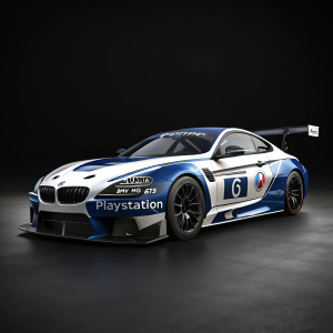 Digital illustration showcasing a sleek Puma-branded BMW M6 GT3 racing car, prominently featuring a blue and white theme with numerous sponsor logos, including PlayStation. The car is displayed in a 3D rendering, highlighting its aerodynamic design against a dark, studio background.