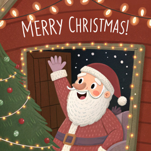 Jolly Santa Claus, in a cozy, animated setting, waving happily with 'Merry Christmas!' written in a playful, festive font above him