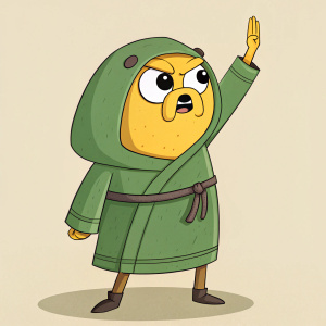 Jelly Bean, a character from Adventure Time, dressed in a green robe, raising hand. Intense look