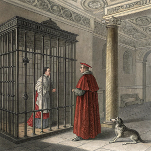 Detailed engraving, Louis XI visits Cardinal Jean Balue in an iron cage. Dog present. Indoor scene with intricate architectural elements.