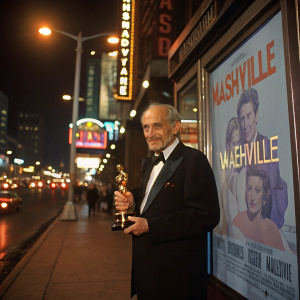Eli Wallach, standing proudly with an Oscar, near a movie poster for 'Nashville', in a bustling cityscape at night.