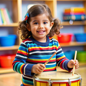 niña latina de 3 años en el kindergarden tocando el tambor de color azul amarillo y rojo. con pullover rayado de colores